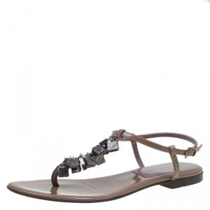 Burberry Brown Patent Embellished Leather Thong Sandals Size 39