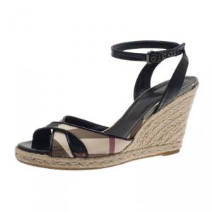 Pre Owned Burberry Black Patent Check Espadrille Wedges Size 39