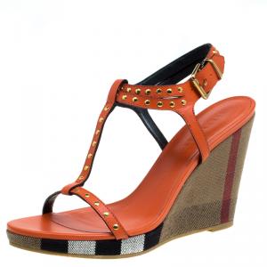 Burberry Orange Leather Supernova Check Canvas T Strap Wedge Sandals Size 41