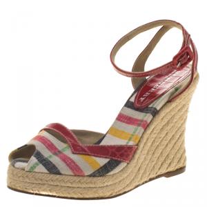 Burberry Multicolor Checked Canvas and Embossed Croc Leather Espadrille Wedge Sandals Size 38