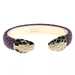 Bvlgari Serpenti Forever Enamel & Violet Galuchat Leather Gold Plated Open Cuff Bracelet 15cm