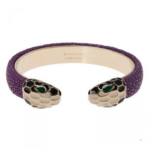 Bvlgari Serpenti Forever Enamel & Violet Galuchat Leather Gold Plated Open Cuff Bracelet 15 cm