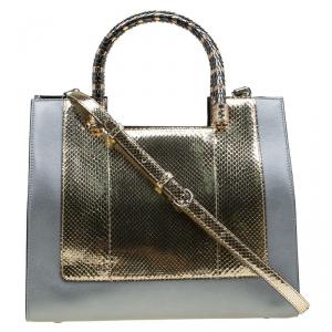 Bvlgari Grey/Gold Leather and Snakeskin Medium Serpenti Tote
