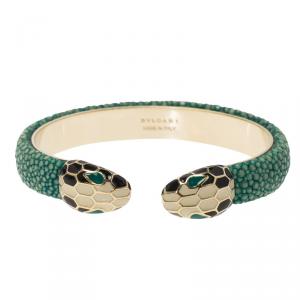 Bvlgari Serpenti Forever Enamel & Green Galuchat Leather Gold Plated Open Cuff Bracelet 17cm
