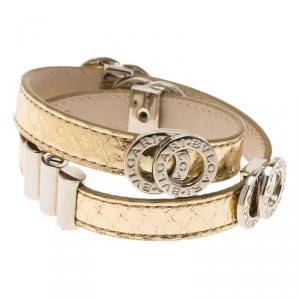 Bvlgari Bvlgari Metallic Gold Embossed Leather Palladium Plated Double Coiled Bracelet 16cm