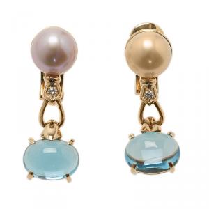 Pre Owned Bvlgari Allegra Akoya Pearl Diamond Blue Topaz Yellow Gold Earrings