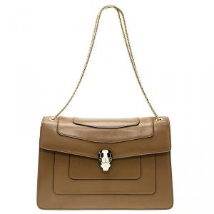 Bvlgari Light Brown Leather Medium Serpenti Flap Shoulder Bag
