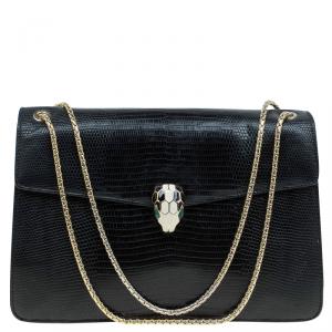 Bvlgari Black Lizard Skin Medium Serpenti Flap Shoulder Bag