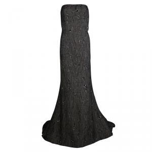 Pre Owned Carolina Herrera Brown Cloque Embellished Strapless Gown L