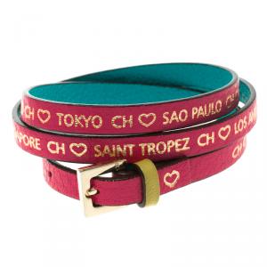 Pre Owned Carolina Herrera Pink Leather Gold Tone Wrap Bracelet