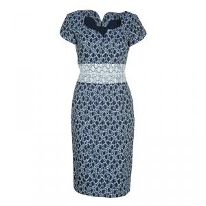 Carolina Herrera Blue and White Jacquard Cap Sleeve Dress M