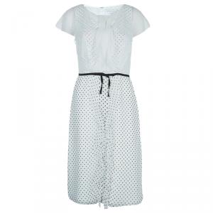 Pre Owned Carolina Herrera White Polka Dot Pintucked Ruffle Detail Cap Sleeve Dress M
