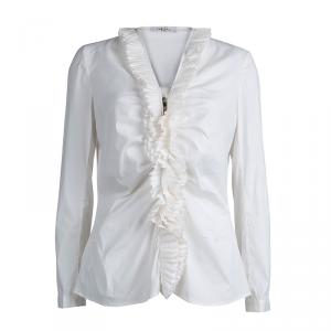 Pre Owned Carolina Herrera White Ruffle Detail Long Sleeve Top L