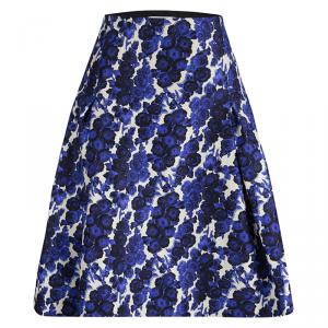 Pre Owned Carolina Herrera Blue Silk Floral Printed Box Pleat Skirt XL