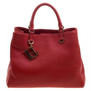Pre Owned Carolina Herrera Red Leather Charm Shopping Tote