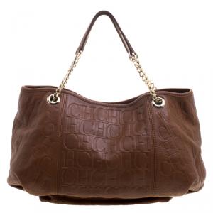 Carolina Herrera Brown Monogram Embossed Leather Dahlia Hobo