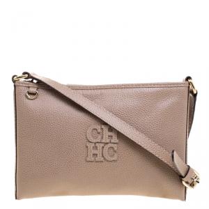Pre Owned Carolina Herrera Dark Beige Leather Logo CH Crossbody Bag