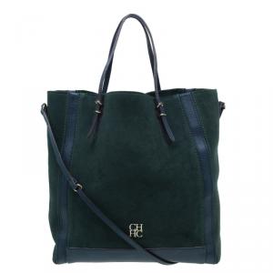 Pre Owned Carolina Herrera Green Suede and Leather Shopper Tote