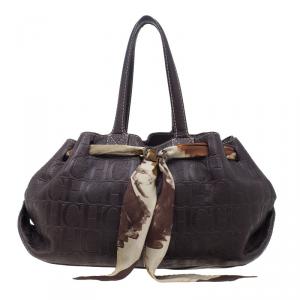 Pre Owned Carolina Herrera Brown Monogram Embossed Scarf Tote
