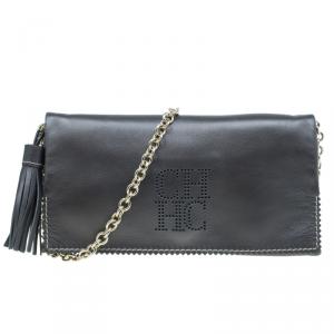 Pre Owned Carolina Herrera Metallic Dark Grey Leather Triana Chain Clutch 