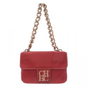 Pre Owned Carolina Herrera Red Leather Double Flap Chain Bag