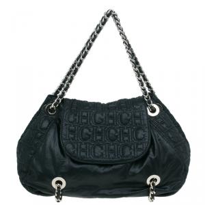 Pre Owned Carolina Herrera Black Monogram Nylon Drawstring Flap Bag