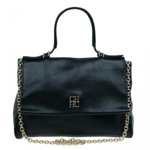 Pre Owned Carolina Herrera Black Leather Minueto Flap Bag