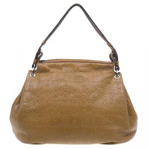 Pre Owned Carolina Herrera Brown Monogram Leather Hobo Bag