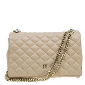 Pre Owned Carolina Herrera Cream Quilted Leather Crossbody Bag