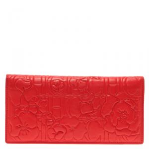 Pre Owned Carolina Herrera Rose Red Leather Logo Embossed Continental Flap Wallet 