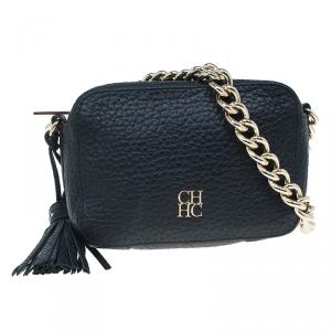 Pre Owned Carolina Herrera Black Pebbled Leather Mini Tassel Crossbody Bag