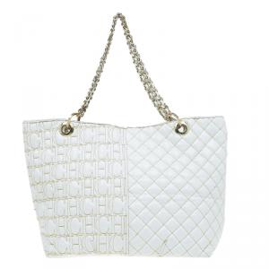 Pre Owned Carolina Herrera White Quilted Monogram Glazed Leather Large Tote
