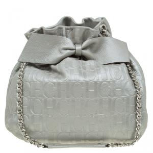 Pre Owned Carolina Herrera Silver Embossed Leather Bow Bucket Shoulder Bag