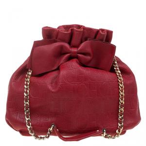 Pre Owned Carolina Herrera Red Embossed Leather Bow Bucket Shoulder Bag