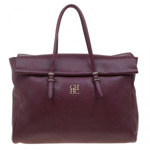 Pre Owned Carolina Herrera Burgundy Leather Tempo Collection Adagio Tote