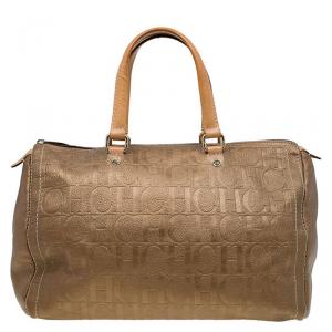 Carolina Herrera Gold Monogram Leather Andy Boston Bag