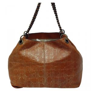 Carolina Herrera Brown Monogram Leather Chain Shoulder Bag
