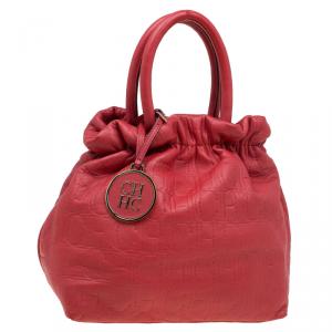 Pre Owned Carolina Herrera Red Leather Pleated Hobo