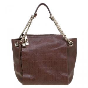 Pre Owned Carolina Herrera Brown Embossed Leather Shoulder Bag