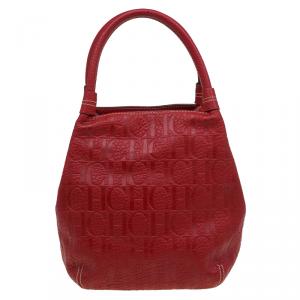 Pre Owned Carolina Herrera Red Monogram Leather Bucket Tote