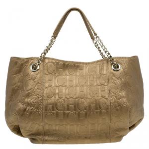 Pre Owned Carolina Herrera Gold Monogram Embossed Leather Dahlia Hobo