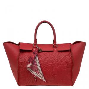 Pre Owned Carolina Herrera Red La Place Vendome Embossed Leather Tote