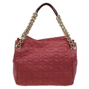 Pre Owned Carolina Herrera Red Monogram Leather Tote