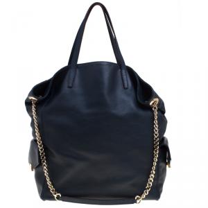 Pre Owned Carolina Herrera Navy Blue Leather Envelope Pocket Tote