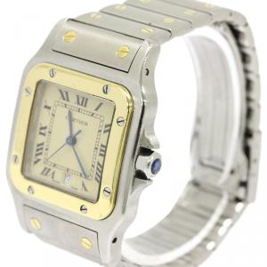 Pre Owned Cartier Cream 18K Yellow Gold and Stainless Steel Santos Galbee Women's Wristwatch 29MM
