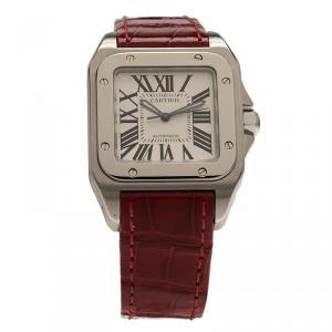 Pre Owned Cartier White Stainless Steel Santos 100 Women's Wristwatch 34MM