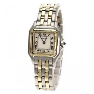 Pre Owned Cartier White 18K Yellow Gold and Stainless Steel Panthere Women's Wristwatch 22MM