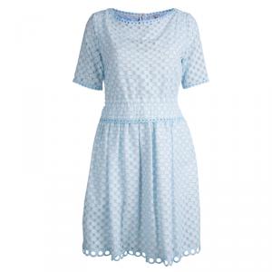 Carven White and Blue Schiffli Embroidered Short Sleeve Cotton Dress L