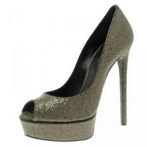 Pre Owned Casadei Glitter Lamé Fabric Daisy Peep Toe Platform Pumps Size 40