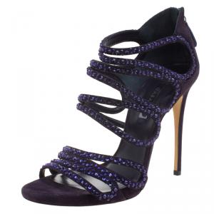 Pre Owned Casadei Purple Crystal Embellished Suede Strappy Sandals Size 38